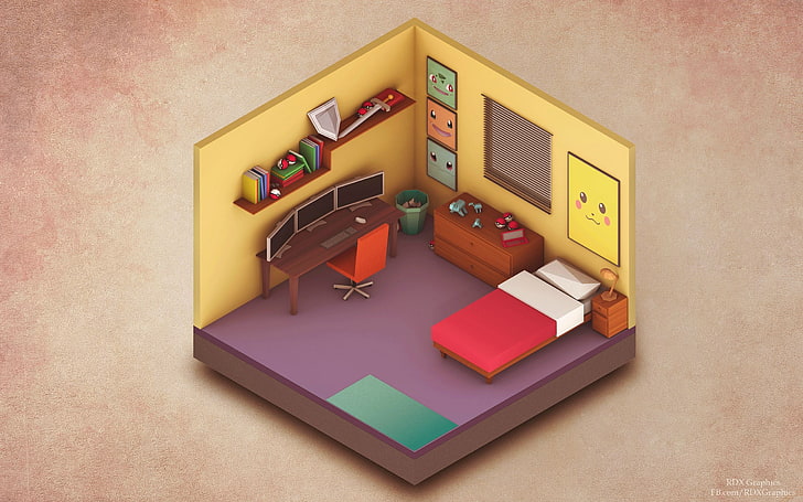 illustrazione della camera da letto, isometrica, camera da letto, Sfondo HD