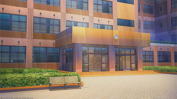 anime school, doors, clock, scenic, building, Anime, HD wallpaper