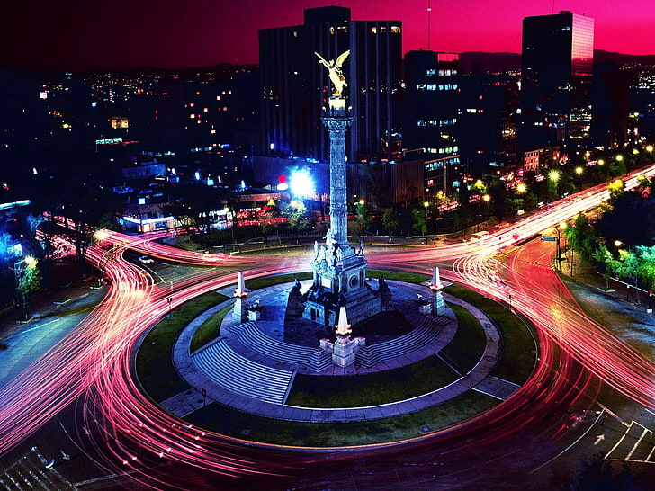 mesa de tren negro y marrón, ciudad, luces, carretera, larga exposición, edificio, estatua, rotondas, senderos de luz, México, tráfico, paisaje urbano, Fondo de pantalla HD