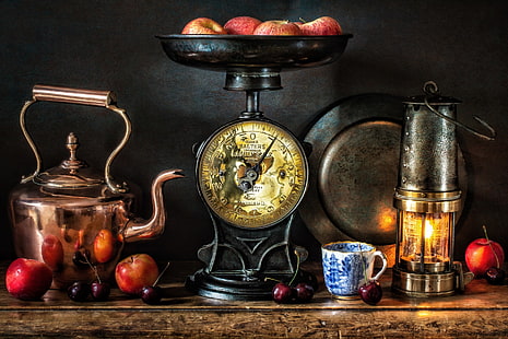 натюрморт, чашка, яблоки, еда, вишня, фрукты, HD обои HD wallpaper