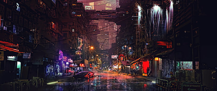 jalanan dikelilingi bangunan tinggi di wallpaper digital malam hari, seni digital, futuristik, cyberpunk, Wallpaper HD