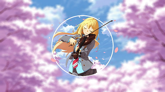 ilustracja żeńska grająca na skrzypcach, anime, dziewczyny anime, Shigatsu wa Kimi no Uso, Miyazono Kaori, skrzypce, kwiat wiśni, Tapety HD HD wallpaper