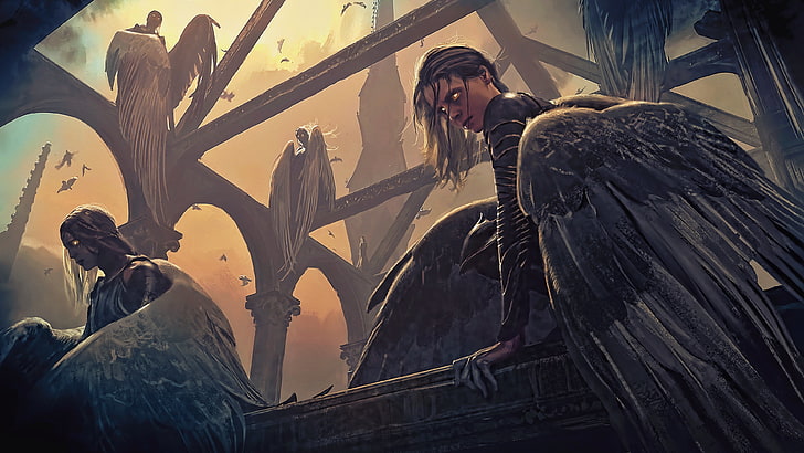 animated people with wings wallpaper, angel, fantasy art, artwork, fan art, science fiction, concept art, shadow, long hair, sunset, wings, Magic: The Gathering, HD wallpaper