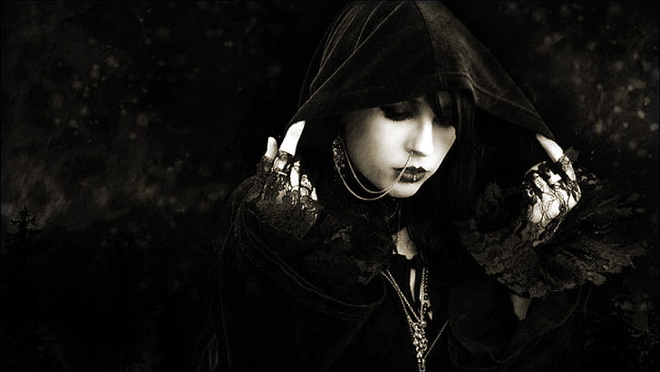 illustration av huva kvinna, mörk, fantasi, flicka, goth, goth loli, gotisk, stil, häxa, kvinnor, HD tapet