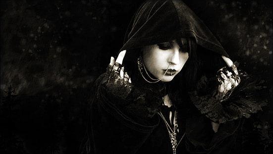 ilustracja kobiety z kapturem, ciemny, fantasy, dziewczyna, goth, goth loli, gotyk, styl, czarownica, kobiety, Tapety HD HD wallpaper