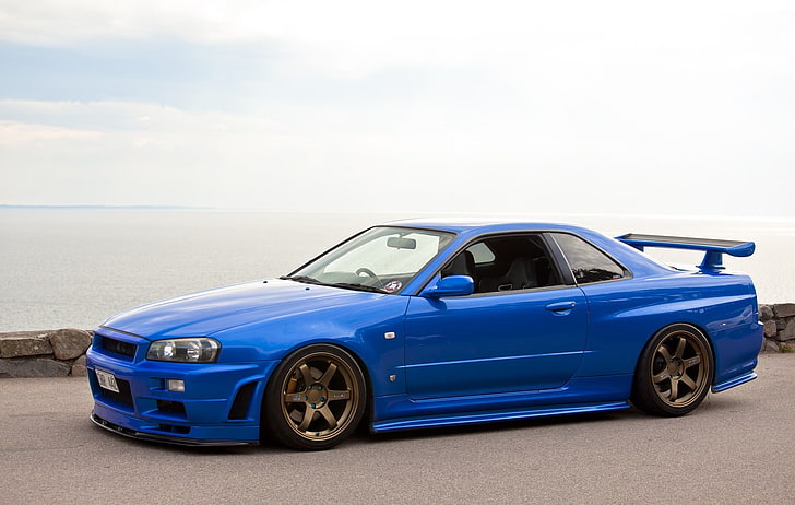blue Nissan GTR coupe, Nissan, skyline, Nissan Skyline GT-R R34, GT-R, JDM, Japan, Stanceworks, StanceNation, blue cars, car, HD wallpaper