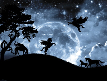 Fantasy night, luna, luminos, unicorn, horse, silhouette, fantasy, pegasus, moon, summer, white, blue, night, HD wallpaper HD wallpaper