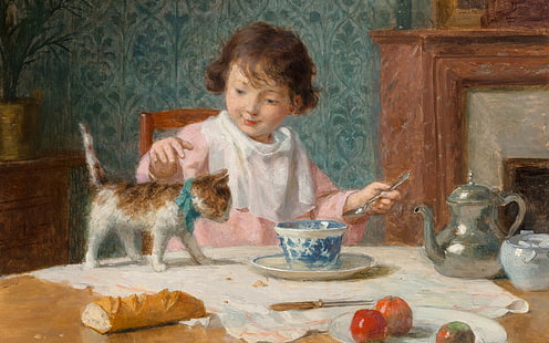 Pintor francês, Victor Gabriel Gilbert, óleo sobre tela, menina com um gato, menina com um gato, HD papel de parede HD wallpaper