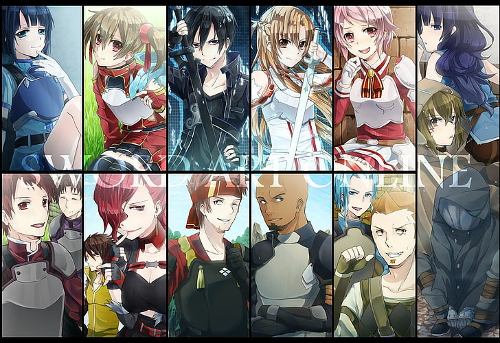 Sword Art Online, Kirigaya Kazuto, Yuuki Asuna, Ayano Keiko, Shinozaki Rika, Sachi, Mills Andrew Gilbert, аниме, колаж, аниме момчета, аниме момичета, видео игри, HD тапет