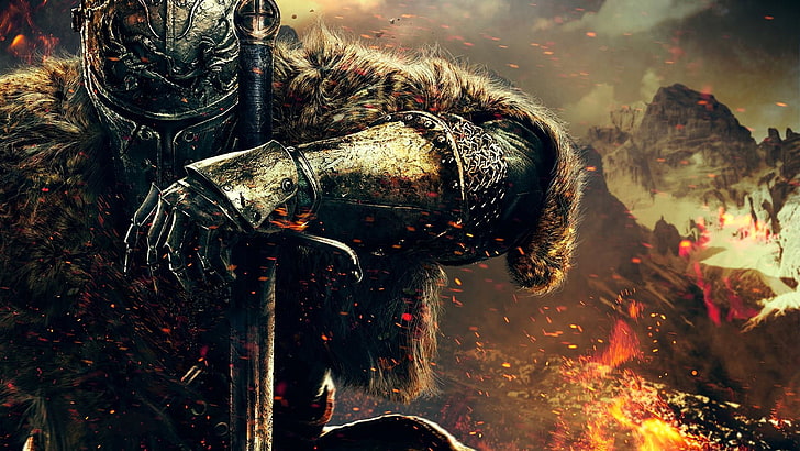 Plakat Dark Souls, ilustracja potwora, Dark Souls, Dark Souls II, gry wideo, miecz, góry, wojownik, sztuka cyfrowa, grafika, DeviantArt, Tapety HD
