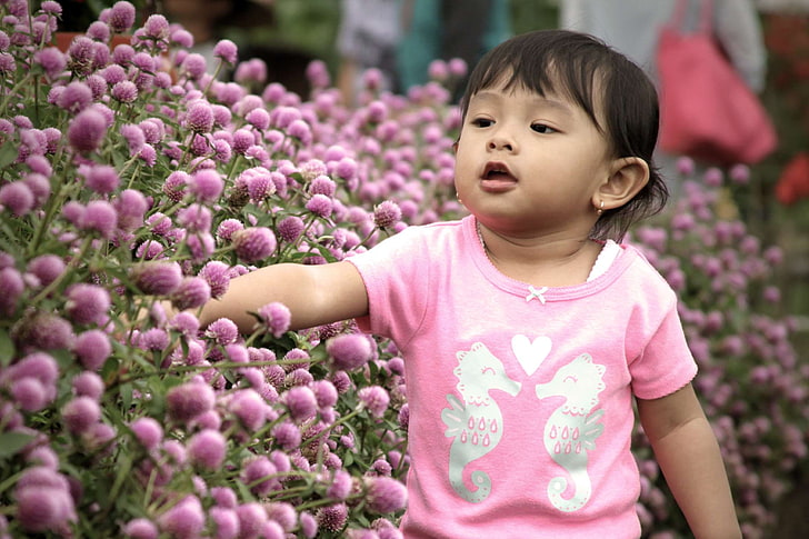 asia, children, cute, daughter, flower, garden, kids, play, HD wallpaper