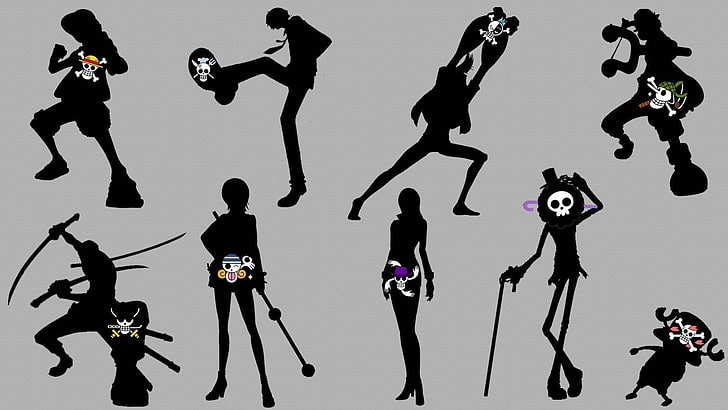 One Piece силуэт плаката, One Piece, минимализм, аниме парни, аниме девушки, силуэт, аниме, HD обои