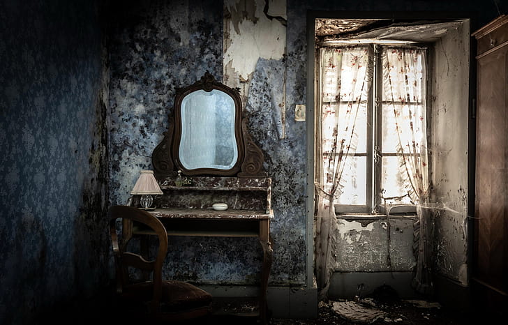 rum, spegel, gammal, interiör, ruin, HD tapet
