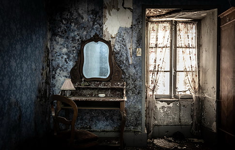 стая, огледало, стар, интериор, руина, HD тапет HD wallpaper