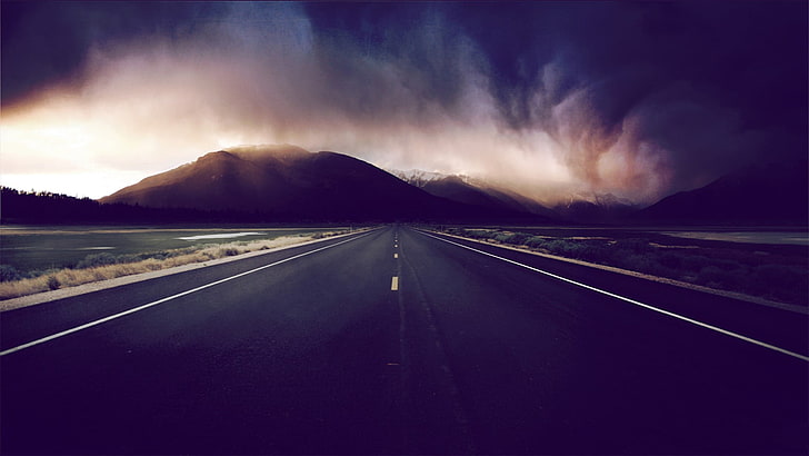 route en béton gris, route, montagnes, filtre, paysage, art numérique, ciel, Fond d'écran HD