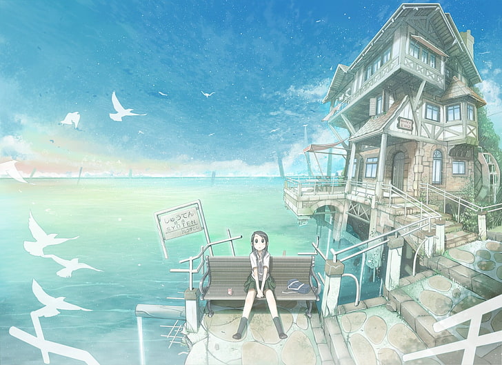 anime, city, Japan, water, birds, HD wallpaper