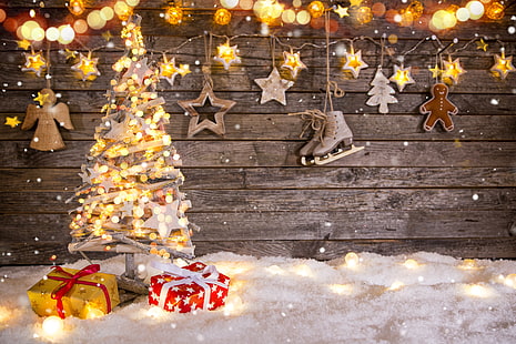 nieve, decoración, juguetes, árbol, Año Nuevo, Navidad, regalos, guirnalda, feliz, vintage, madera, Feliz Navidad, Navidad, Fondo de pantalla HD HD wallpaper