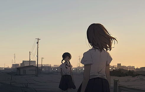 anime, meninas anime, uniforme escolar, personagens originais, cabelo curto, HD papel de parede HD wallpaper