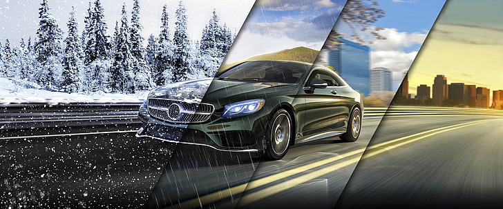 zielone coupe Mercedes-Benz, zima, droga, jesień, lato, śnieg, płatki śniegu, świeżość, abstrakcja, styl, tło, deszcz, pory roku, znaczniki, światła, ciepło, Mercedes-Benz, prędkość, wiosna, sztuka, samochód, piękny, przód, tapeta., kolaż, przód, Tapety HD