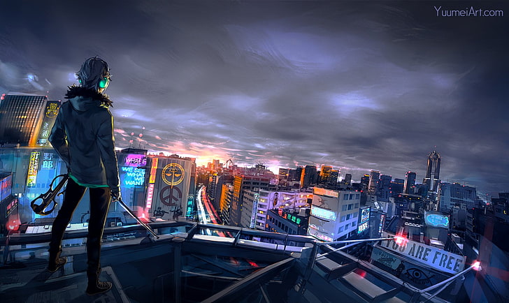 Mann stehend auf Gebäude, Anime, Original, HD-Hintergrundbild