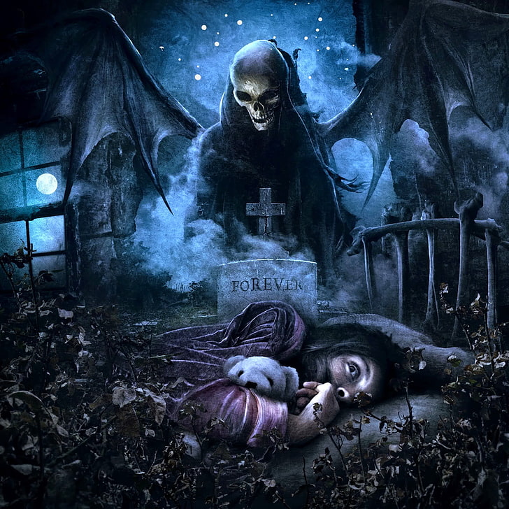 mulher na cama com ilustração de fundo de ceifeira, Avenged Sevenfold, pesadelo, bandas de rock, banda de metal, arte da capa, capas de álbuns, hard rock, heavy metal, Metalcore, esqueleto, Esqueleto, Deathbat, mascote, mascote da banda, HD papel de parede