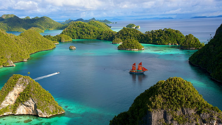 Danau Toba, 4k, HD wallpaper, Indonesia, sailing ship, rocks, sea, ocean, lake, water, clouds, nature, HD wallpaper