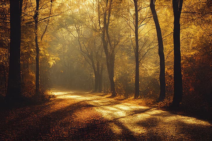AI art, fall, road, forest, leaves, dappled sunlight, HD wallpaper