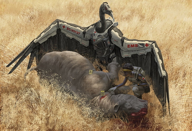 дигитален плакат на роботизиран лешояд пред хипопотам, лешояди, научна фантастика, носорог, кръв, HD тапет