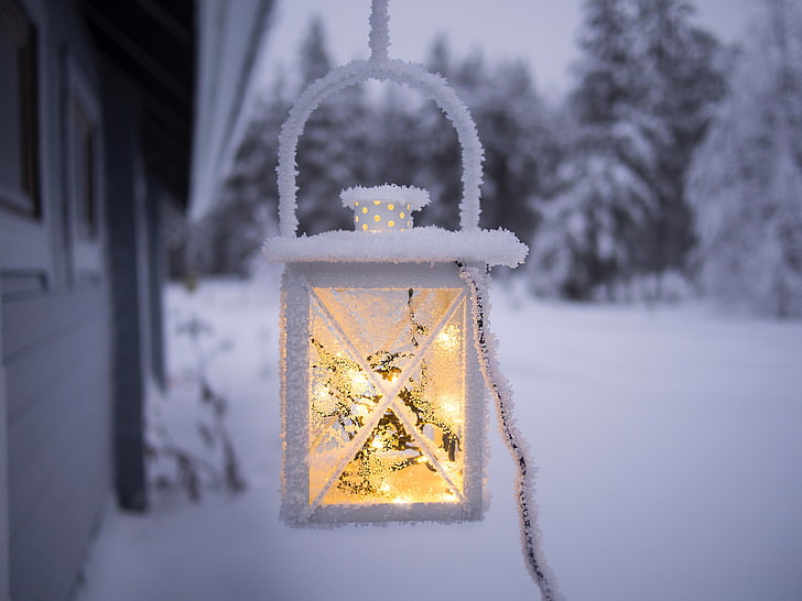 white candle lantern, light, frost, snow, HD wallpaper