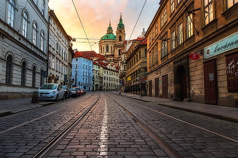 Praga, paesaggio urbano, Repubblica Ceca, strada, marciapiedi, Sfondo HD HD wallpaper