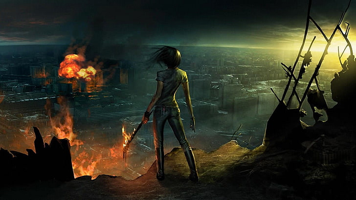 женщина держит факел цифровые обои, женщины, воин, произведения искусства, концепт-арт, фэнтези-арт, апокалипсис, HD обои