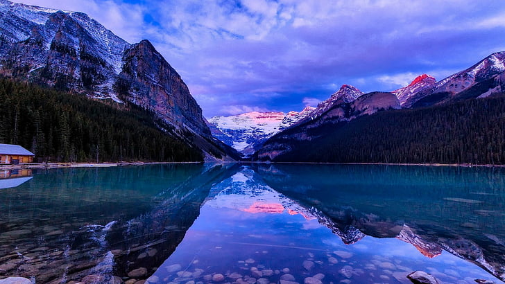 reflexión, naturaleza, cielo, lago, desierto, montaña, agua, invierno, cordillera, parque nacional, Alberta, Parque nacional Banff, Lake Louise, Canadá, Fondo de pantalla HD