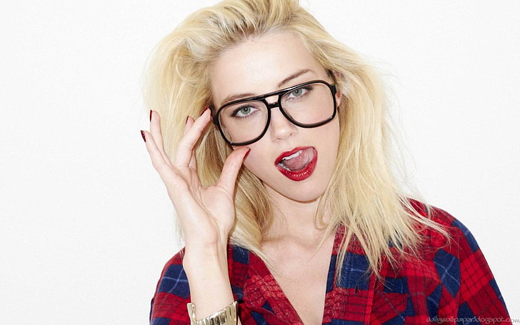 Amber Heard, blonde, glasses, women, brunette, Terry Richardson, model, makeup, face, shirt, women with glasses, tongues, painted nails, simple background, looking at viewer, actress, white background, HD wallpaper