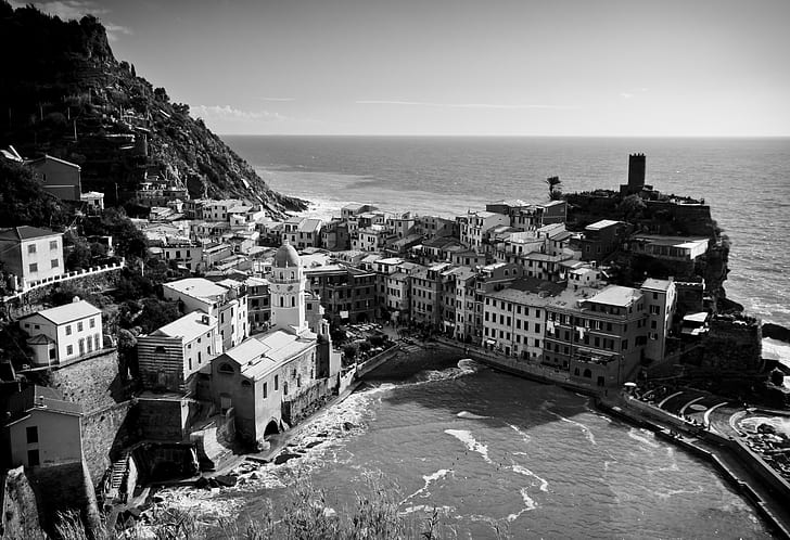 gray scale photo of city view beside sea, vernazza, vernazza, Vernazza, italian village, gray scale, photo, city view, sea  village, italie, italy  b, bandw, nb, black  white, noir, blanc, mer, gear, me  my, premium, sea, italy, architecture, house, cityscape, old, europe, black And White, history, HD wallpaper