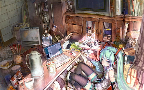 Hatsune Miku sitting in front of table illustration, hatsune miku, girl, room, computer, mess, HD wallpaper HD wallpaper