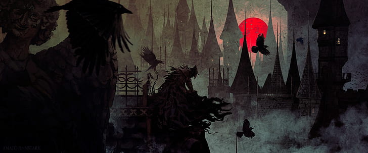 arte de fantasía, Bloodborne, Blood moon, cuervo, cazador, ilustraciones, Fondo de pantalla HD