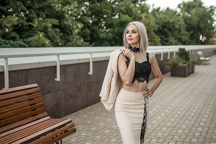 trees, pose, model, skirt, portrait, makeup, figure, hairstyle, blonde, topic, beauty, is, jacket, the sidewalk, benches, on the street, bokeh, A Diakov George, Georgy Dyakov, HD wallpaper