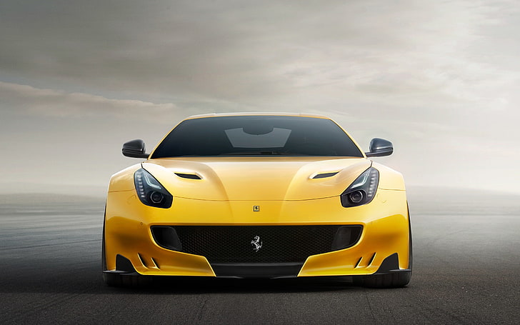 желтый спортивный автомобиль, Ferrari F12 TDF, суперкар, желтые автомобили, автомобиль, HD обои