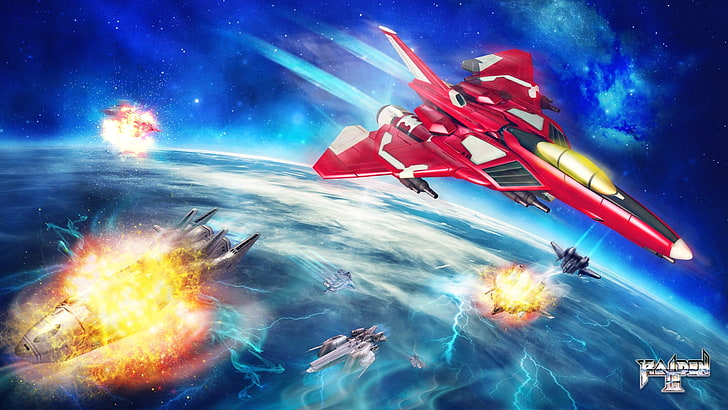 wallpaper anime digital pesawat ruang angkasa, Raiden III, kapal, pesawat ruang angkasa, ruang, planet, perang, jet tempur, video game, cyan, Wallpaper HD