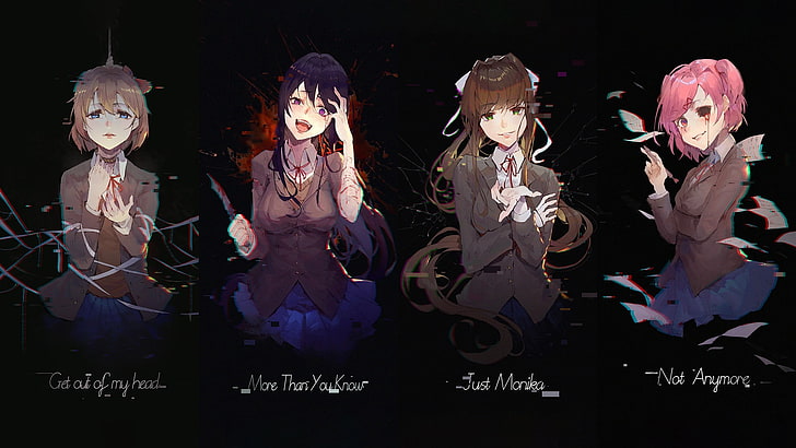 cuatro personajes femeninos de anime, Doki Doki Literature Club, Monika (Doki Doki Literature Club), Natsuki (Doki Doki Literature Club), Yuri (Doki Doki Literature Club), Sayori (Doki Doki Literature Club), fondo simple, Fondo de pantalla HD