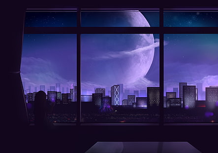 Аниме, оригинал, город, луна, ночь, фантастика, HD обои HD wallpaper
