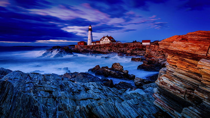 Leuchtturm, Himmel, Abend, Ufer, Felsen, Küste, Ozean, HD-Hintergrundbild