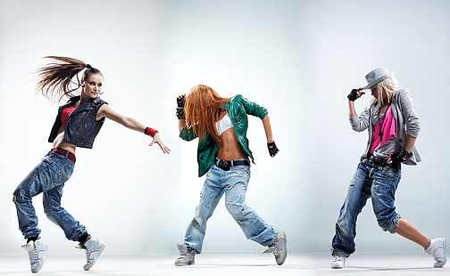 giacche da donna nere e grigie, movimento, ragazze, jeans, giacca, danza, scarpe da ginnastica, hip-hop, danza, ballerino, pose, rnb, abbigliamento.stile, ballerini, Sfondo HD HD wallpaper