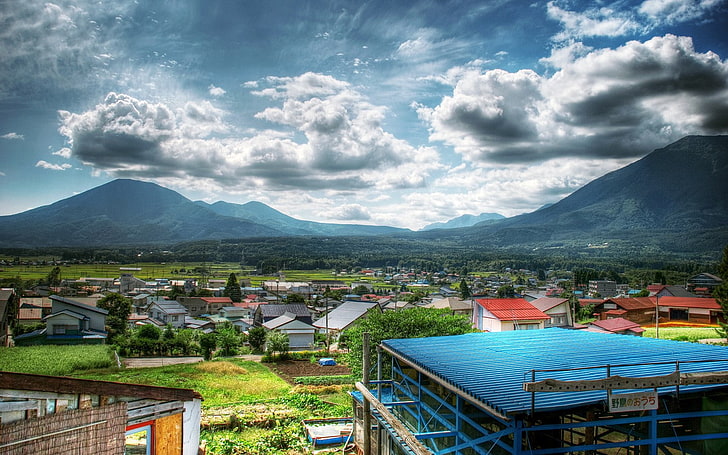 HDR, clouds, mountains, building, Japan, HD wallpaper