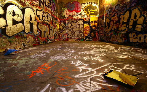 giroletto in legno marrone con materasso, graffiti, parete, Sfondo HD HD wallpaper