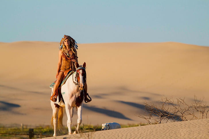 Пустиня, кон, модел, дрехи на индианците, жени, жени на открито, HD тапет