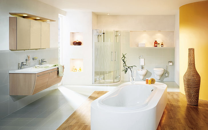 oval white ceramic bathtub, bathroom, room, kitchen, furniture, HD wallpaper