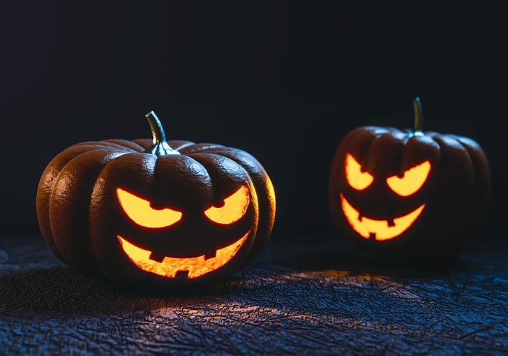 dwa pomarańczowe dekory jack-o-lantern, dynia, halloween, maska, Tapety HD