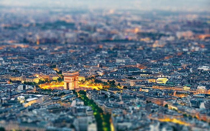 Триумфална арка, Париж, Франция, селективна фокусна фотография на Триумфалната арка, Париж, Франция, Триумфална арка, смяна на наклон, градски пейзаж, HD тапет