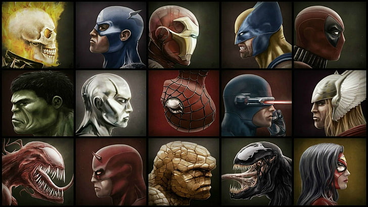 Illustration de personnages Marvel, bandes dessinées Marvel, super-héros, Iron Man, Hulk, Captain America, Venom, Carnage, Spider-Man, Thor, Deadpool, Cavalier Fantôme, Surfeur d'argent, Fantastic Four, Wolverine, La Chose, Fond d'écran HD